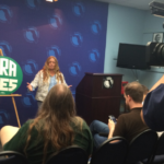 Helene de Boissiere addresses the Florida press in May 2015 on her historic 7000 -mile pilgrimage that to Nevada's ratification first state in over 35 years to ratify. Photo Credit Linda Miklowitz.