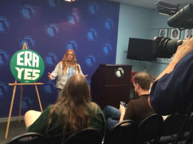 Helene de Boissiere addresses the Florida press in May 2015 on her historic 7000 -mile pilgrimage that to Nevada's ratification first state in over 35 years to ratify. Photo Credit Linda Miklowitz.