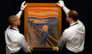 Two men hang The Scream by Munch at auction